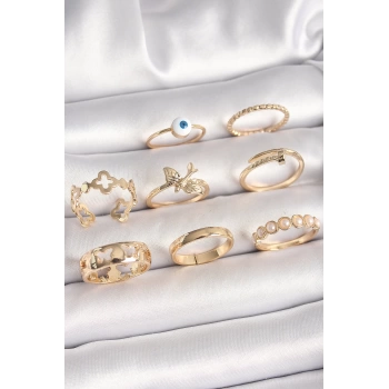 Pirinç Gold Renk Nazar Boncuk Model Kuş Detay Kadın Yüzük Kombini