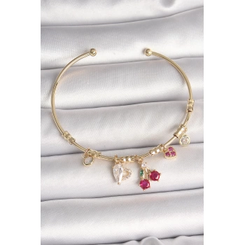 Pirinç Gold Renk Sallantı Kırmızı Zirkon Taşlı Kiraz Figür Charm Kadın Bileklik