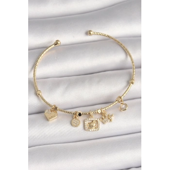 Pirinç Gold Renk Sallantı Zirkon Taşlı Ayıcık Figür Taç Detay Charm Kadın Bileklik