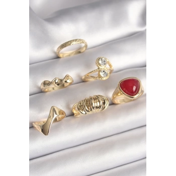 Pirinç Gold Renk Sarmal Modl Zirkon Taşlı Sarmal Detay 6Lı Kadın Yüzük Seti
