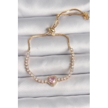 Pirinç Gold Renk Su Yolu Zirkon Taşlı Pembe Zirkon Taşlı Kalp Asansör Model Charm Kadın Bileklik