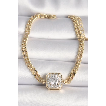 Pirinç Gold Renk Zincir Kare Zirkon Taş Model Xuping VIP Seri Kadın Bileklik