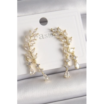 Pirinç Gold Renk Zirkon Taşlı Başak Model Kadın Küpe