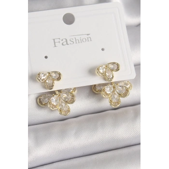 Pirinç Gold Renk Zirkon Taşlı Damla Model Kadın Küpe