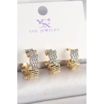 Pirinç Gold Renk Zirkon Taşlı Dorika Model 3Lü Kadın Kombin Küpe