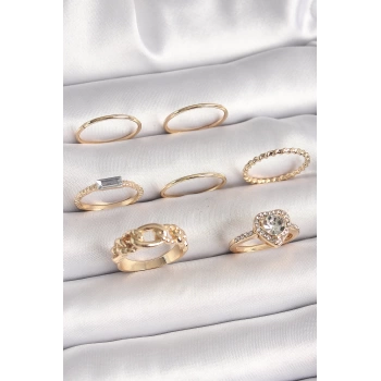 Pirinç Gold Renk Zirkon Taşlı Kalp Figür Düğüm Detay Kadın Yüzük Kombini