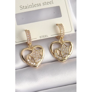 Pirinç Gold Renk Zirkon Taşlı Kalp Model Ay Yıldız İşleme Kadın Küpe