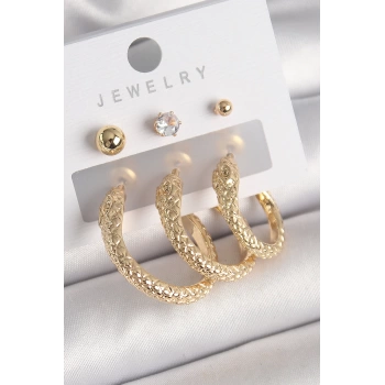 Pirinç Gold Renk Zirkon Taşlı Topçuk Detay Yılan Halka Model Kadın Küpe Seti