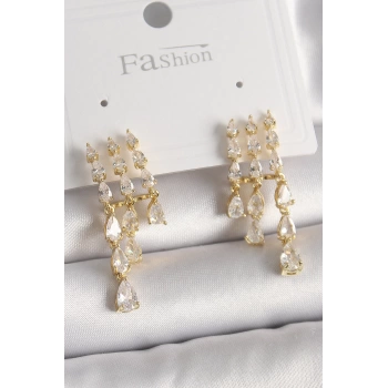 Pirinç Gold Renk Zirkon Taşlı Yağmur Model Kadın Küpe