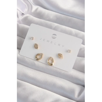 Pirinç Gold Renk Zirkon Taşlı Yaprak Model Küpe Seti