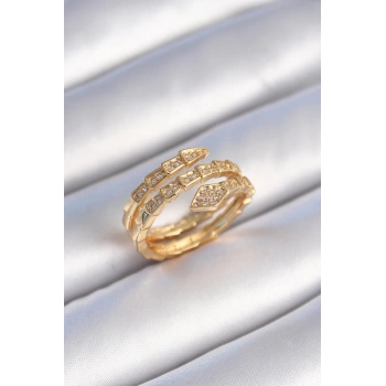 Pirinç Gold Renk Zirkon Taşlı Yılan Model Kadın Yüzük