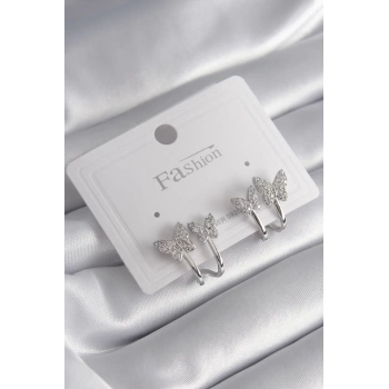 Pirinç Gümüş Renk Zirkon Taşlı Kelebek Model Kadın Küpe