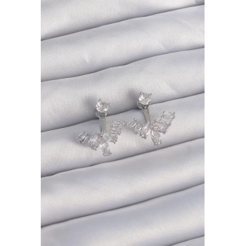 Pirinç Gümüş Renk Zirkon Taşlı V Model Küpe