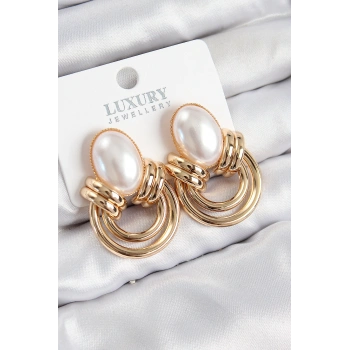 Pirinç İnci Detaylı Vintage Model Gold Renk Kadın Küpe