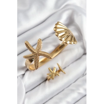 Pirinç İstiridye Ve Deniz Yıldızı Model Gold Renk Bileklik Yüzük Set