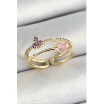 Pirinç Kalp Ve Çiçek Figürlü Zirkon Taşlı Gold Renk Ayarlanabilir Kadın Yüzük