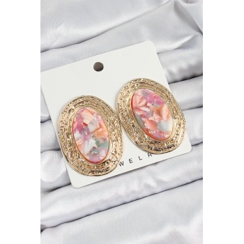 Pirinç Mermer Desenlli Pembe Sedef Oval Vintage Model Gold Renk Kadın Küpe