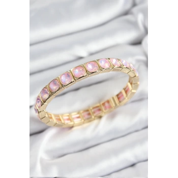 Pirinç Pembe Zirkon Taşlı Kare Model Gold Renk Lastikli Kadın Bileklik
