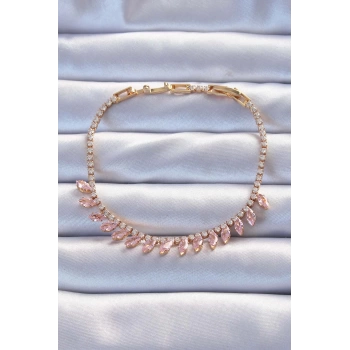 Pirinç Vip Seri Altın Renk Pembe Zirkon Taşlı Bileklik