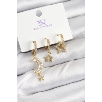 Pirinç Zİrkon Taşlı Ay Ve Hilal Model Gold Renk 3lü Kadın Küpe