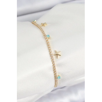 Pirinç Zirkon Taşlı Deniz Yıldızı Model Gold Renk Kadın Bilekilk