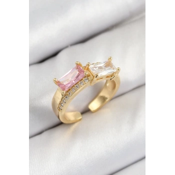 Pirinç Zirkon Taşlı Dikdörtgen Model Gold Renk Kadın Yüzük