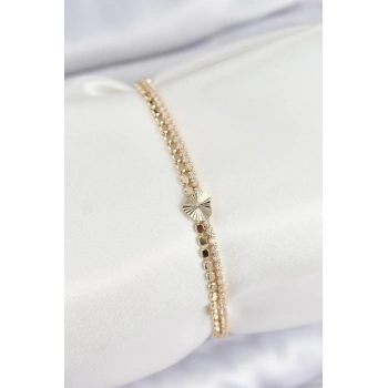 Pirinç Zirkon Taşlı Ezme Zincirli Kalp Model Gold Renk Kadın Bilekilk