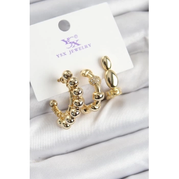 Pirinç Zİrkon Taşlı Halka Model Gold Renk 3lü Kadın Küpe
