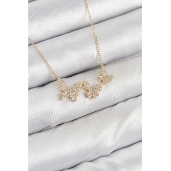 Pirinç Zirkon Taşlı Kelebek Model Gold Renk Kadın Kolye