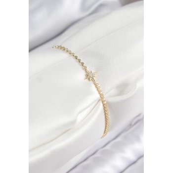 Pirinç Zirkon Taşlı Kutup Yıldızı Model Ezme Zincir Gold Renk Kadın Bileklik