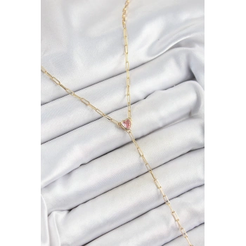 Pirinç Zirkon Taşlı Pembe Kalp Figürlü Y Model Gold Renk Kadın Kolye