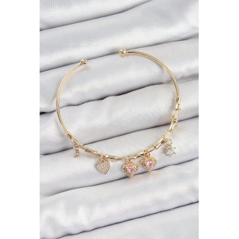 Pirinç Zirkon Taşlı Pembe Kalp Model Gold Renk Charm Bileklik