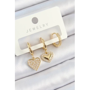 Pirinç Zirkon Taşlı Sallantılı Kalp Model Gold Renk 3lü Çift Kadın Küpe Set