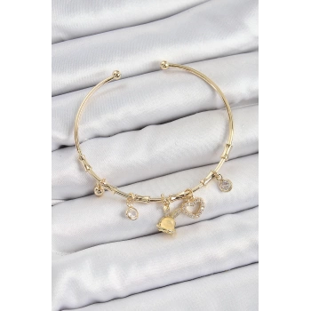 Pirinç Zirkon Taşlı Tavşan Ve Kalp Model Gold Renk Charm Bileklik