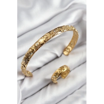 Pirinç Zirkon Taşlı Vintage Model Gold Renk Bileklik Yüzük Set