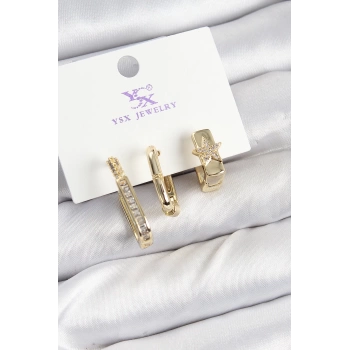Pirinç Zİrkon Taşlı Yıldız Model Gold Renk 3lü Kadın Küpe
