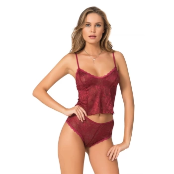 Sana Ne Lazımdı Bordo Jakarlı Babydoll Şort Takımı