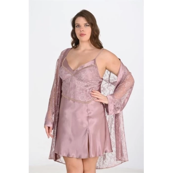 Sana Ne Lazımdı Büyük Beden 2li Vizon Sabahlık Takımı Bigsize 6205
