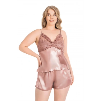 Sana Ne Lazımdı Büyük Beden Vizon Saten Babydoll Şort Takımı