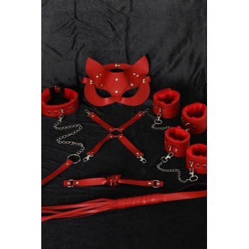 Sana Ne Lazımdı Kırmızı İçi Tüylü Maske,Kol,Bacak,Ağız Topu,Kırbaç,Tasma Harness Set