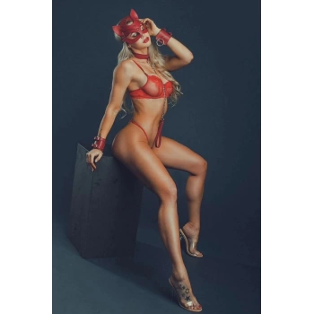 Sana Ne Lazımdı Kırmızı Maske, Tasma ve Kelepçe Harness Deri Set