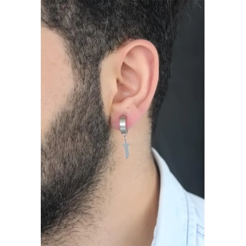 Silver Renk Kaplama Kılıç Figürlü Çelik Kıstırmalı Erkek Küpe