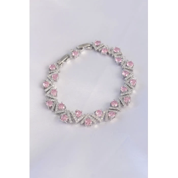 Vip Seri Pirinç Pembe Zirkon Taşlı Gümüş Renk V Model Bileklik