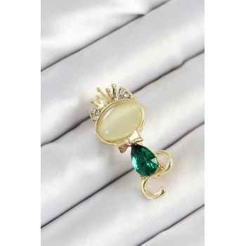 Yeşil Damla Zirkon Taşlı Kraliçe Taçlı Kedi Figürlü Gold Renk Kadın Broş