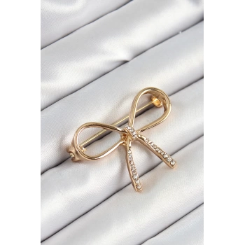 Zirkon Taş Detaylı 3D Fiyonk Figürlü Gold Renk Kadın Broş