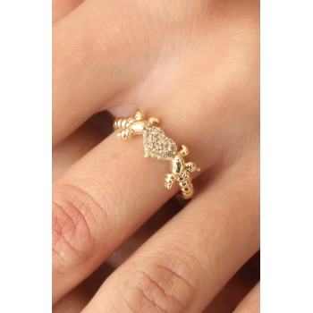 Zirkon Taşlı Gold Renk Kalp ve Kuş Figürlü Ayarlanabilir Kadın Yüzük