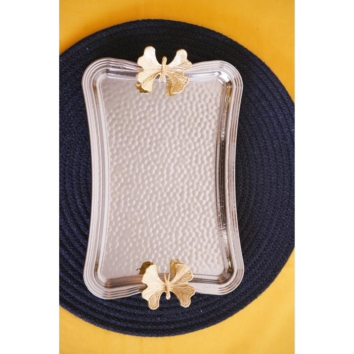Cooker Dikdörtgen Dövme Desenli Kelebekli Kulplu Metal Tepsi 25x17 cm