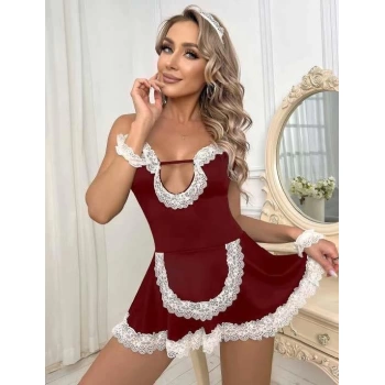 Sana Ne Lazımdı Bordo Beyaz Aksesuarlı Dantelli Fantezi Hizmetçi Kostümü