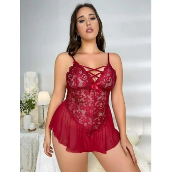 Sana Ne Lazımdı Büyük Beden Bordo Dantel İşlemeli Fırfırlı Fantezi Babydoll