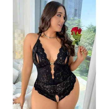 Sana Ne Lazımdı Büyük Beden Siyah Dantel İşlemeli Özel Bölgesi Açık Fantezi Babydoll